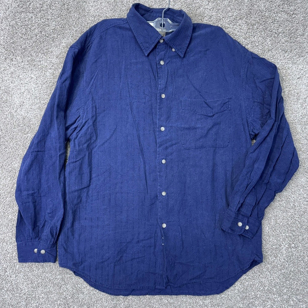 The Territory Ahead Shirt Mens L Navy Blue 100% Silk Textured Button Down EUC